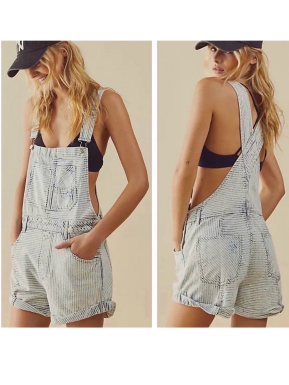 We The Free Light Blue Striped Denim Short Overalls